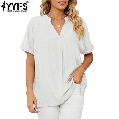 Женские модные повседневные летние весенние однотонные блузки и рубашки с v-образным вырезом и короткими рукавами с принтом
