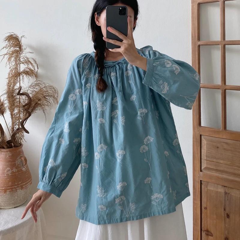 Johnature Винтажные вышитые топы, блузки, весна-осень, повседневные женские рубашки с длинным рукавом
