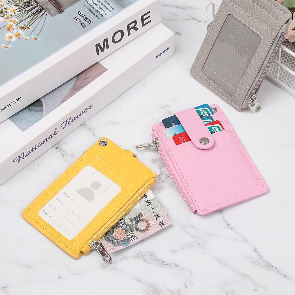 1Pc Portable Business Name ID Credit Card Holder Leather Badge Holders Coin Purse Keyring Wallet Money Pouch Keychain Unisex