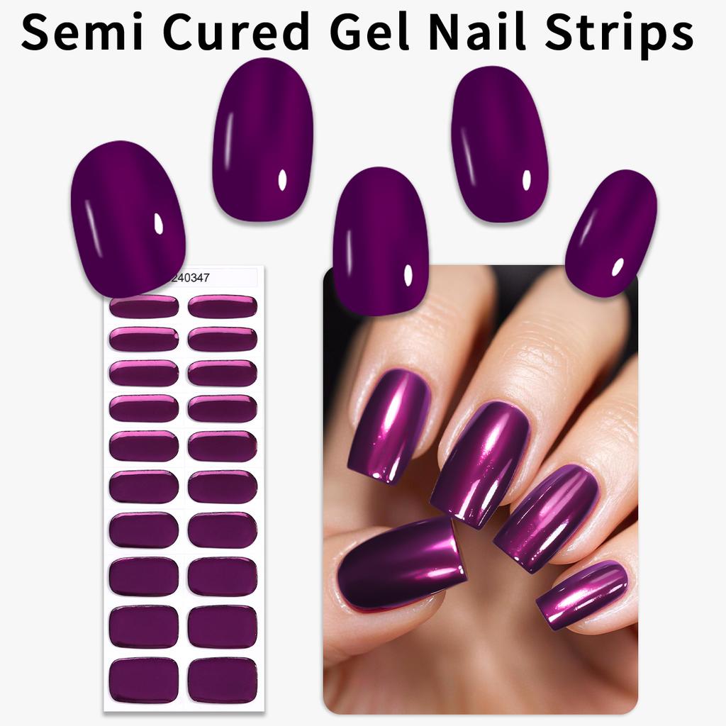20Tips Metallic Semi Cured Gel Nail Strips Aurora Chameleon Full Cover Gel Nail Wraps for Women Manicure UV/LED Lamp Required