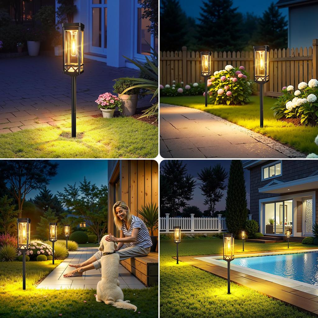 PUAIDA Outdoor Waterproof Solar Garden Lights with Retro Design Lampshades, IP65 Waterproof, High Brightness, Warm White LEDs, Auto OnOff, 15-Hour