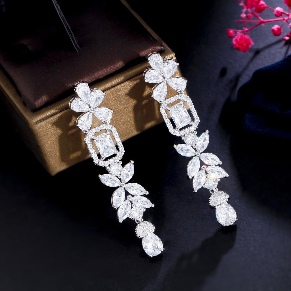 CMM Shiny Silver Color Wedding Jewellery Long Flower Cubic Zirconia Pendant Earrings for Women