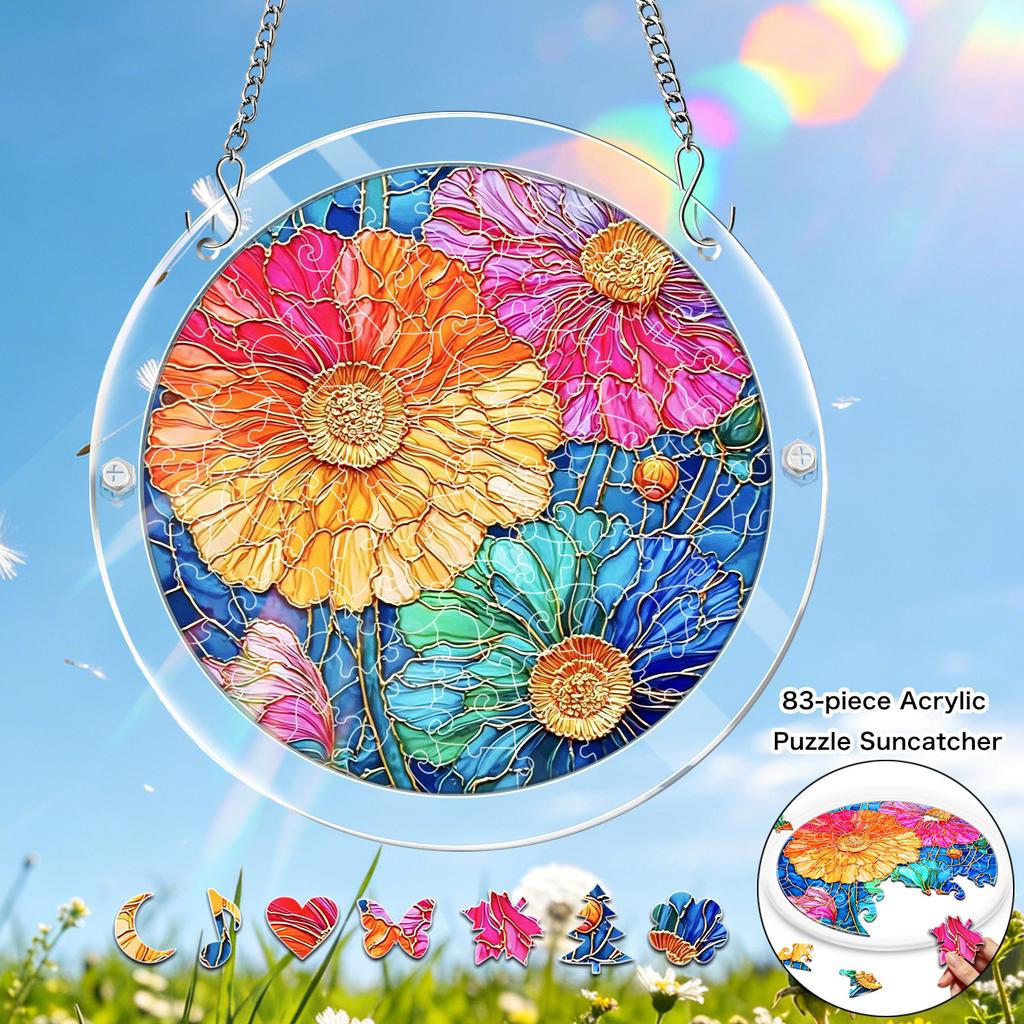 2D Flat, 1set/83pcs 18.8cm Acrylic Jigsaw Stained Suncatcher Hanging Ornament for Window Home Decor, Mystic Mandala Flower Jigsaw Garden Sun Catcher,