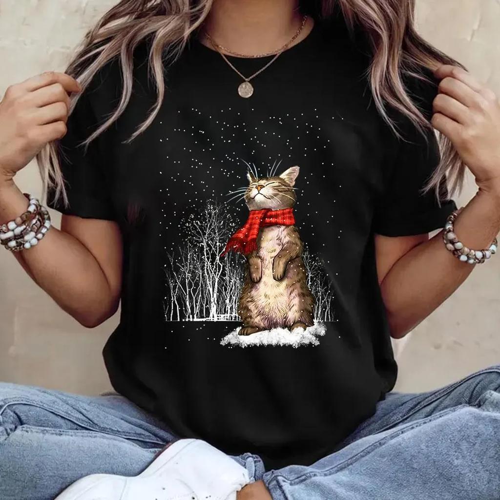 Christmas Kitten Christmas Light Strip Graphic Printed Tshirt Women Fashion Vintage Tshirts Casual Summer Streetwear Clothes