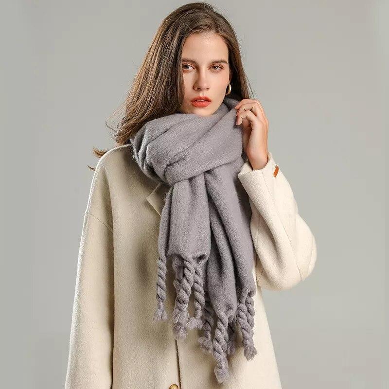 Winter Scarf Women Luxury Mohair Scarf Cashmere Warm Pashmina Solid Female Scarves Wraps Thick Soft Bufanda Big Tassels Shawl Long Stole Scarf
