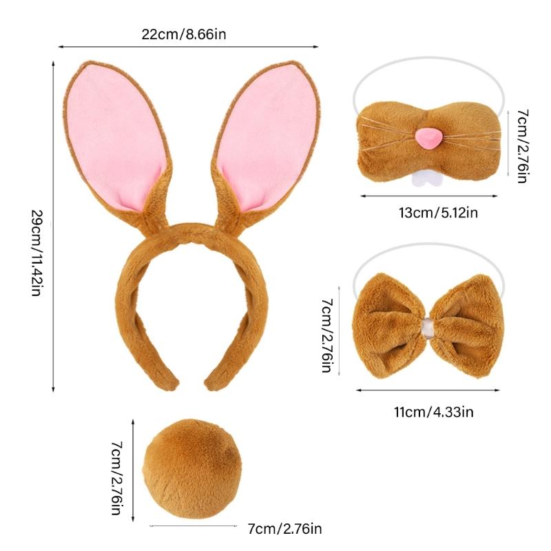 Ободок с кроличьими ушками, бабочка, нос, кроличий хвостик для Хэллоуина, косплей-вечеринки, 4 шт., костюм пасхального кролика для детей и взрослых