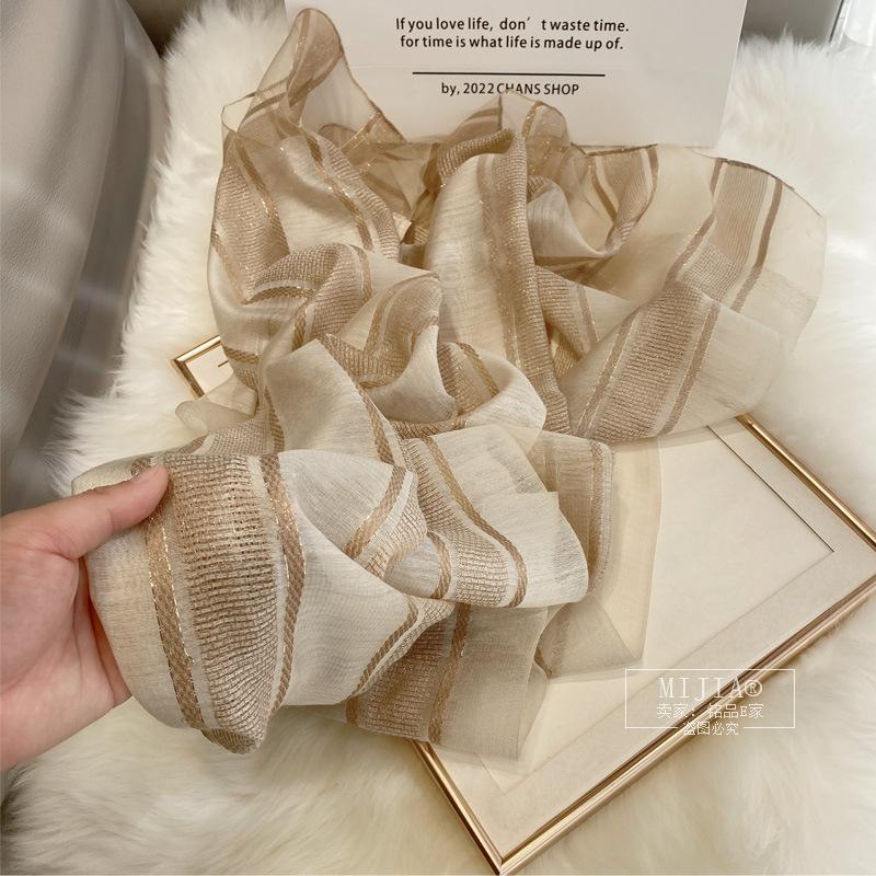 New Silk Mulberry Silk Wool Scarf, Thin Autumn and Winter Fashion Scarf with Gold Thread Stripes, Foreign Silk Scarf