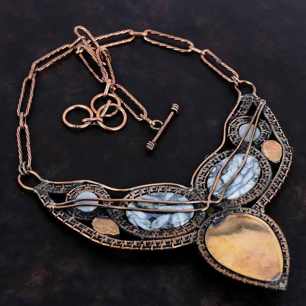 Blue Carved Bone Face Necklace Copper Wire Wrapped Gemstone Necklace Pinolith Jasper & Moonstone Necklace Handmade Adjustable Chain Necklace