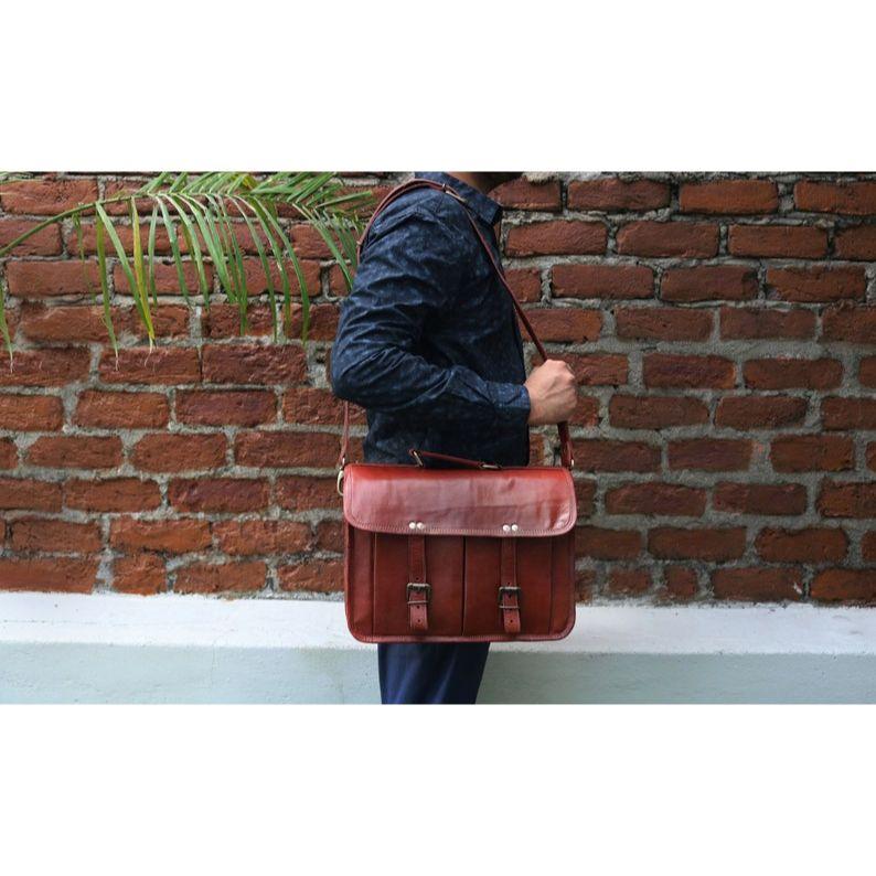 14" Leather Messenger Bag Laptop Case Office Briefcase Gift for Men Computer Distressed Shoulder Bag