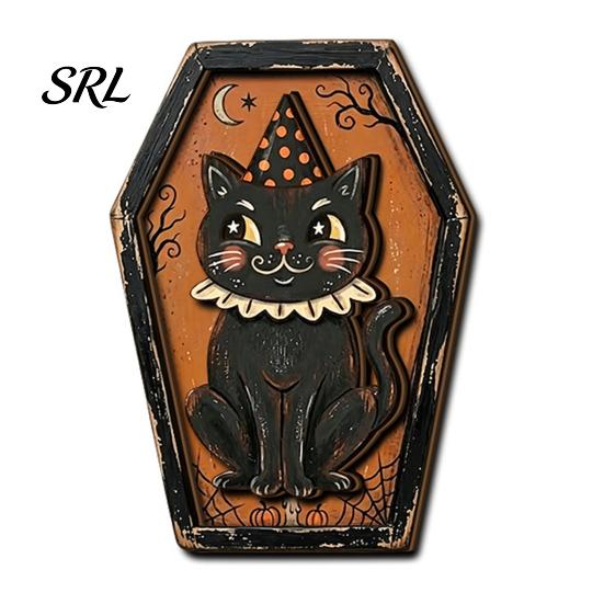 Unique Halloween Gift Ideas Vintage Wooden Decor, Cat Mummy Skeleton Figurines, Tier Tray Display Fall Farmhouse Tabletop Centerpiece for Shelf Mantel