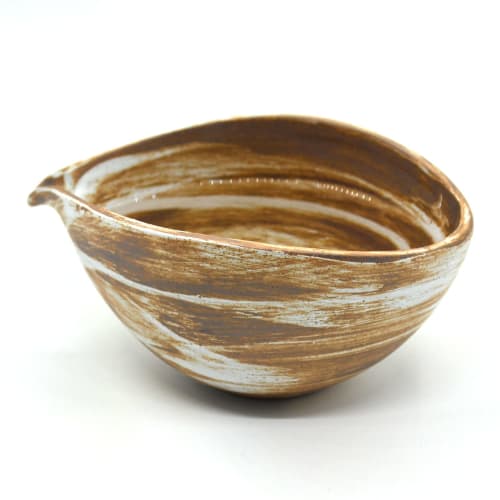 Katakuchi Bowl Medium Bizen Style Matcha Bowl Palm Color/White 180ml Matcha Bowl with Handheld Heater (1 Piece) (B)