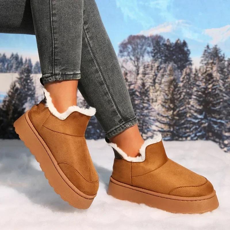 Женские нескользящие ботинки на плоской подошве, теплые плюшевые зимние ботинки, зимняя повседневная обувь на толстой подошве, новинка 2024 года, замшевые ботинки для ходьбы Femininas