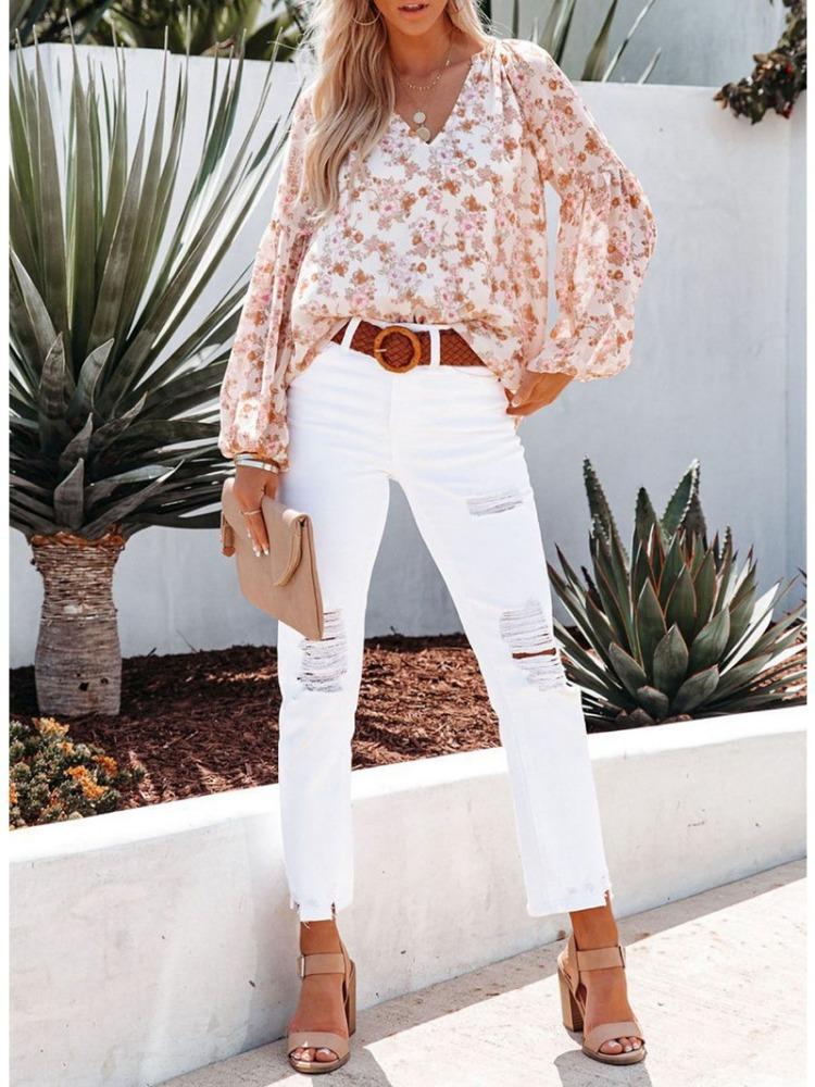 Fashion Women's Casual Tops Spring/Summer V-neck Lantern Sleeve Floral Chiffon Shirt Top with Lining Comfortable and Versatile T-shirt for Ladies