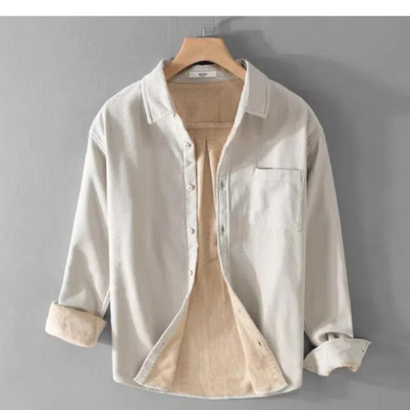 Зимние теплые мужские топы, повседневная повседневная простая мужская одежда, однотонная, с отложным воротником, длинным рукавом, вельветовая флисовая рубашка с карманом