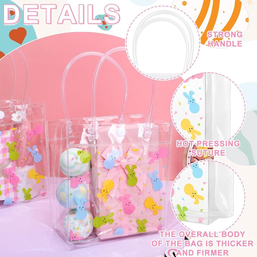 12 Pcs Easter Clear PVC Gift Bags with Handle Easter Bunny Party Favors Bags Colorful Rabbit Reusable Transparent Treat Tote Bags for Spring Birthday
