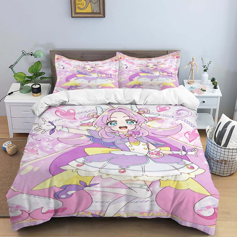 Трехсекционный постельный комплект Pretty Cure, включающий пододеяльник и две наволочки, — идеальный выбор для праздника.