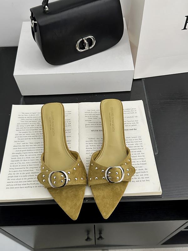 Мода Тонкий Каблук Бежевые Босоножки на Каблуке Заклепка Женская Обувь Шлепанцы Повседневный Острый Носок Низкие Слайды Черный 2025 Роскошный Плоский Высокий Мягкий Микро