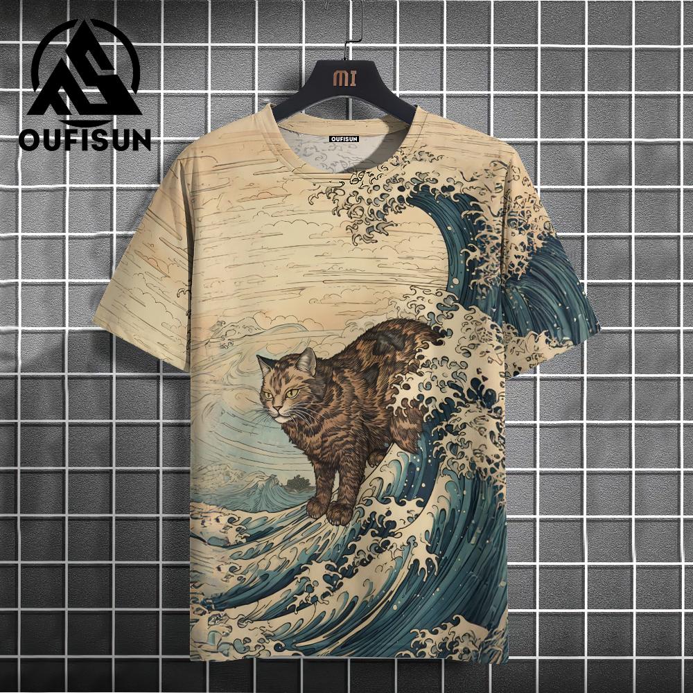 Men's T-shirt Japanese Style Ukiyo-e Cat Pattern Printed T-shirt