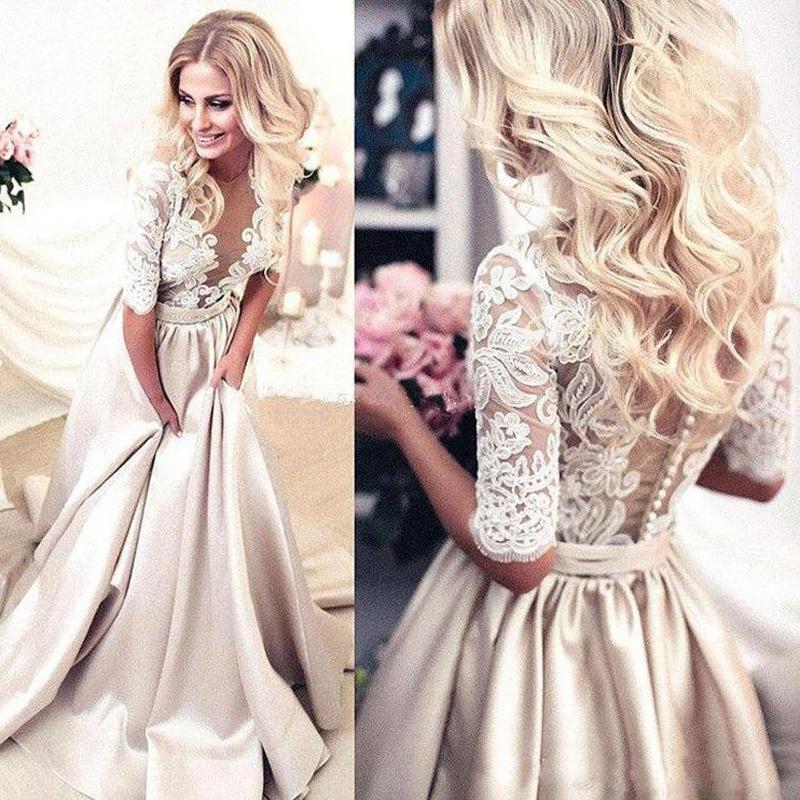 Атласные свадебные платья цвета шампанского с кружевным верхом, свадебное платье трапециевидной формы с половиной рукавов