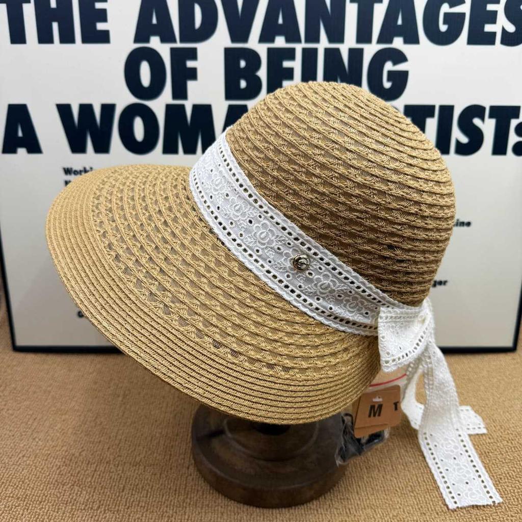 Gentle healing lace streamer straw hat women's summer big brim sun protection hat sun hat daily versatile bucket hat
