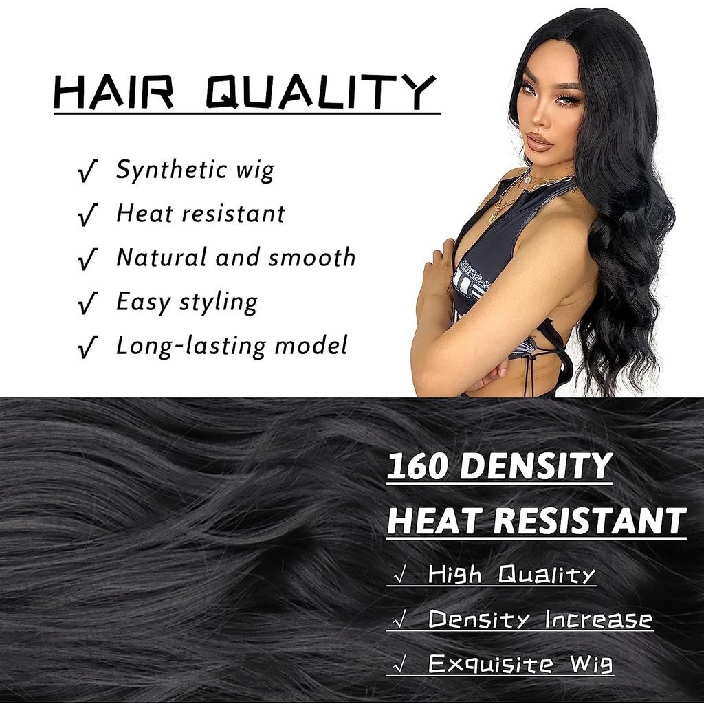 MERISIHAIR Длинный черный волнистый парик для женщин 26-дюймовый длинный вьющийся парик Естественный вид синтетического термостойкого волокна Черный парик для повседневного использования