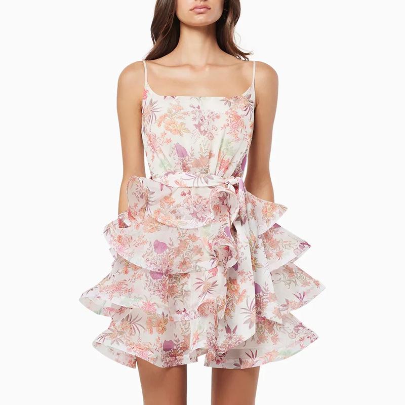 Юбка на подтяжках с французскими оборками и цветочным принтом 2025 года со шнуровкой на талии — облегающее праздничное платье для женщин