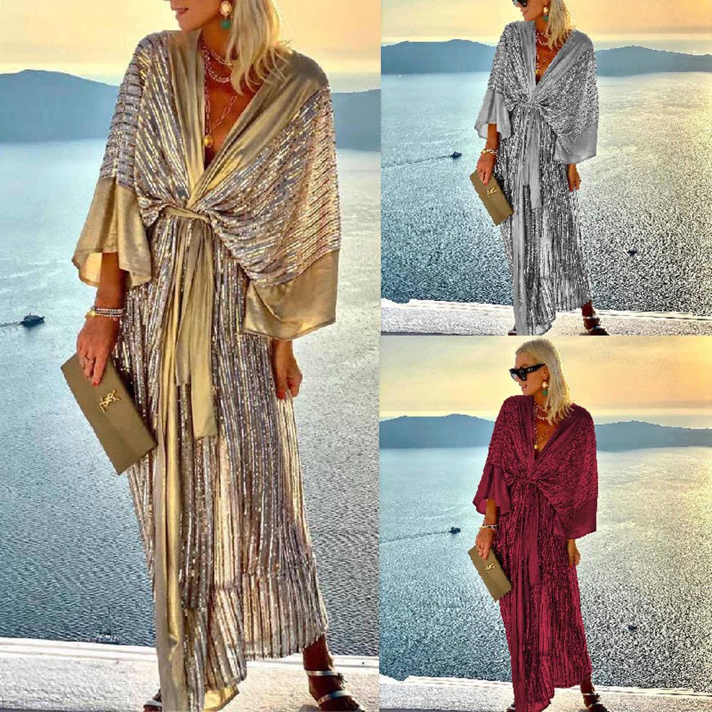 Cover Up Women Bohemian Maxi Long Kimono Tunic Cape Beach Dress Fashion Vintage Sequin Sleeve Cardigan Holiday Party Gold
