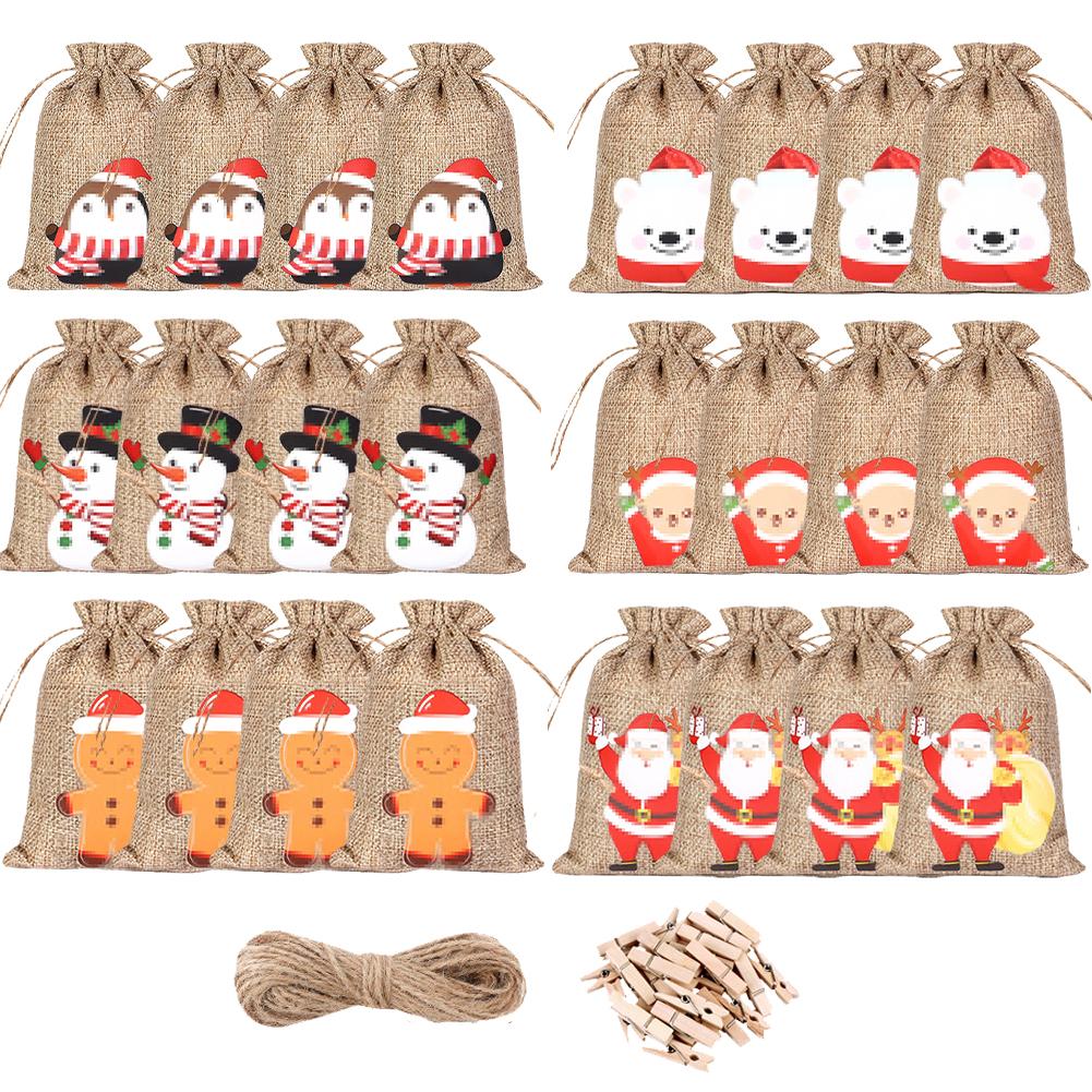 24 шт. Рождественский адвент-календарь своими руками, подарочные пакеты, 24-дневный рождественский адвент-календарь, тканевый подарочный пакет с завязкой, рождественское украшение