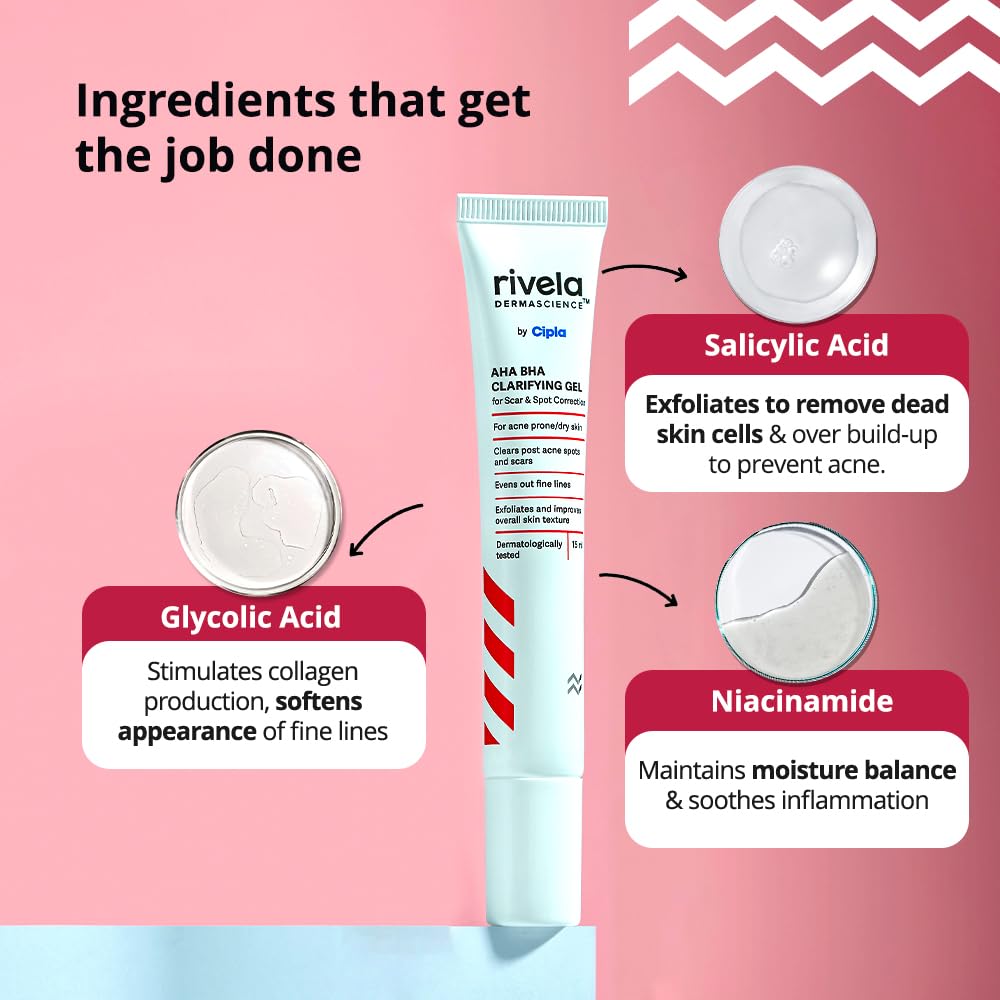 Rivela Dermascience AHA BHA Гель для коррекции рубцов и пятен от Cipla 15 мл Упаковка 1 шт Для кожи, склонной к акне