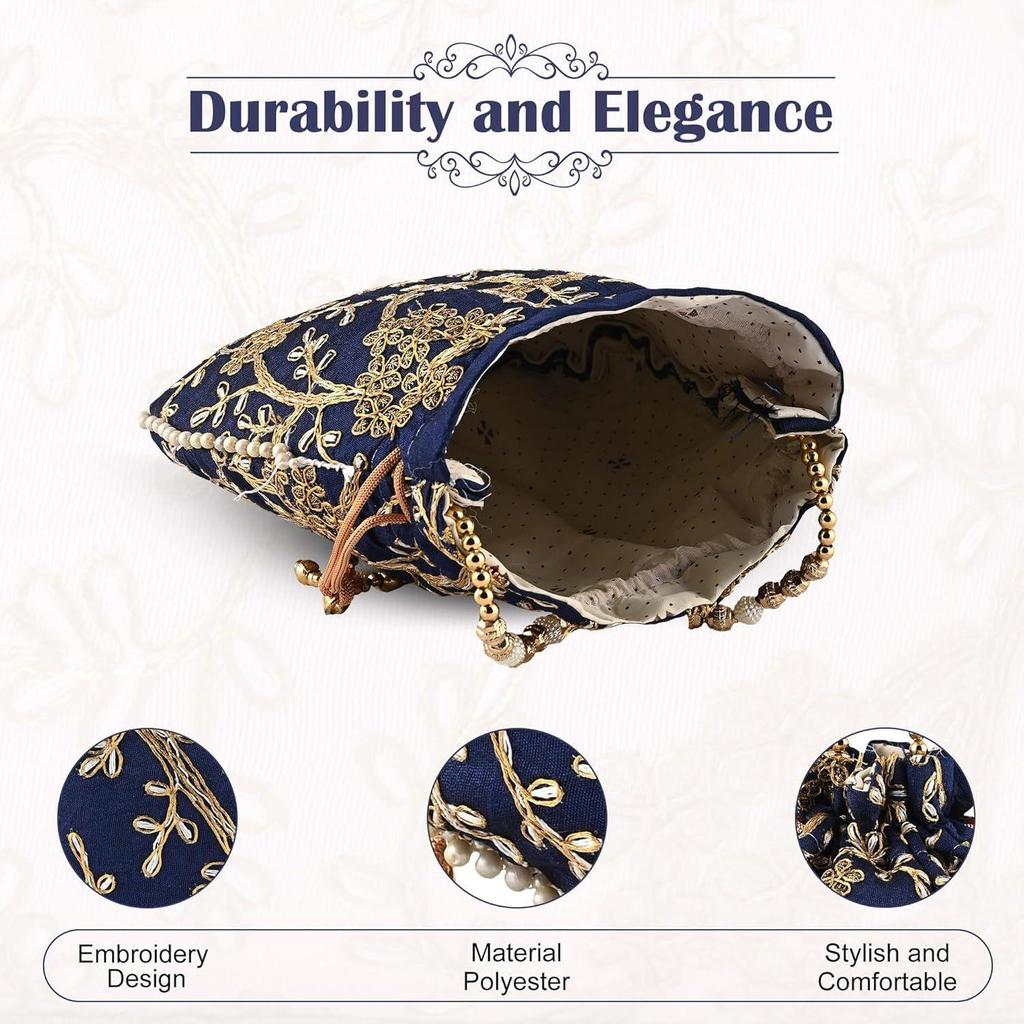 Набор из 2 сумочек-потли для дам и девушек | Женские подарочные мешочки для праздничных сезонов | Вышитый кошелек-батва | Свадебный кошелек - Темно-синий