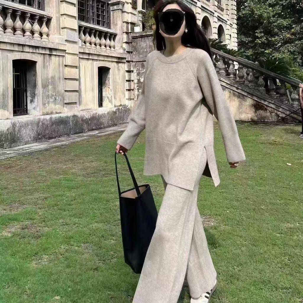 Женский комплект свитер с разрезом и брюки палаццо - Повседневный комплект-двойка в корейском стиле для осени/зимы