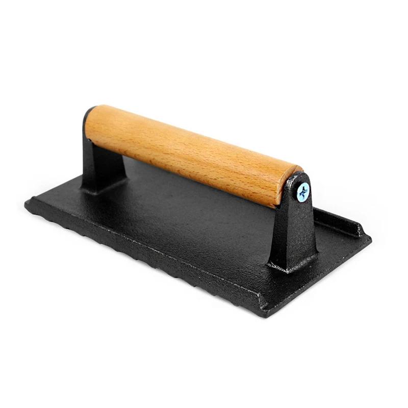 1 шт. чугунный пресс для гриля, прямоугольный, литая деревянная ручка, для мяса, стейка, бекона, кальмаров, жареных сэндвичей, барбекю, прижимная пластина, инструмент для приготовления пищи