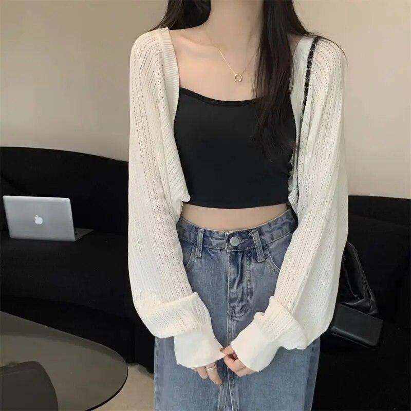 White Hollowed Out Knitted Cardigan Sweet Versatile Women Short Top Loose Shawl Thin Coat New Fashion Commuting Spring Autumn