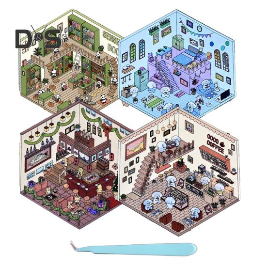 4 Sets DIY 3D House Stickers with Tweezer Make Your Own Mini Room Scene Supermarket Coffee Shop Restaurant Bookstore Scene Stickers Adult Kids Stress