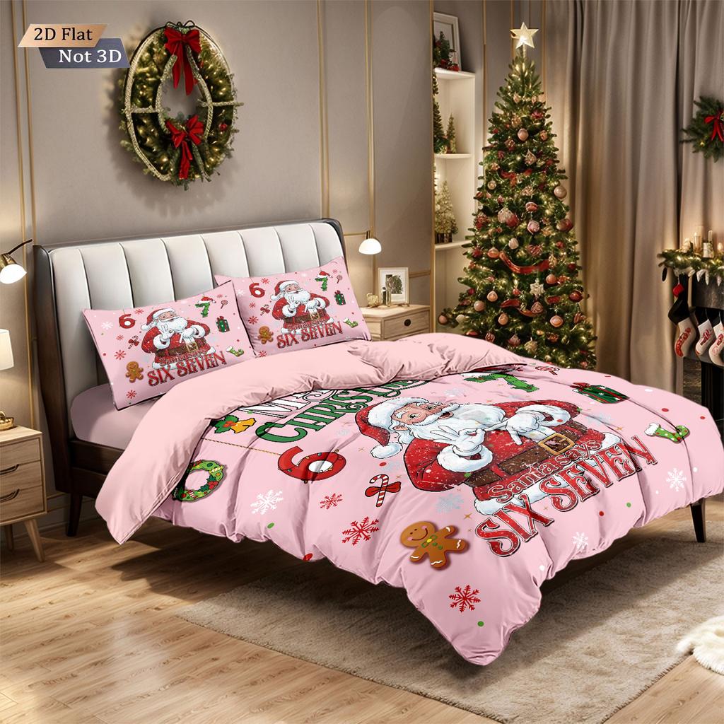 3Pcs Pink Santa Claus 67 Element Printed Coreless Duvet Cover Set Multi Size Bedroom Bedding Holiday Decoration Machine Washable