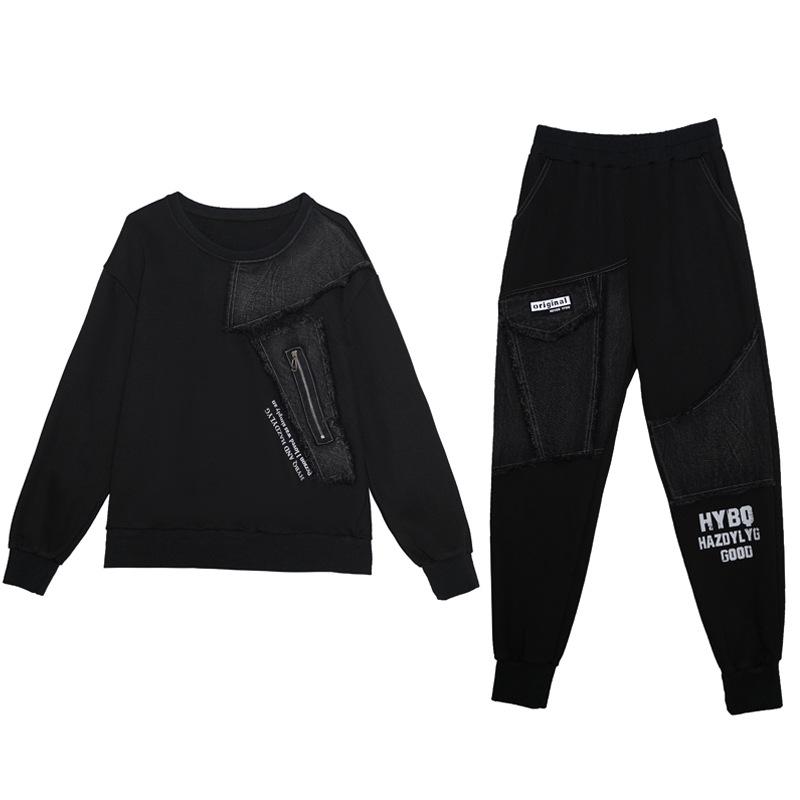 Весенне-осенний костюм женский свободный свитер с джинсовой вставкой с принтом с длинным рукавом из двух частей повседневный большого размера женская одежда