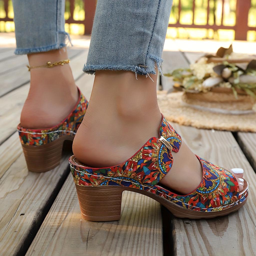 Женские богемные мюли-слайды с круглым носком и мозаичным принтом - Яркие разноцветные - Верх из ПУ и амортизирующая стелька - Легкие и удобные для лета