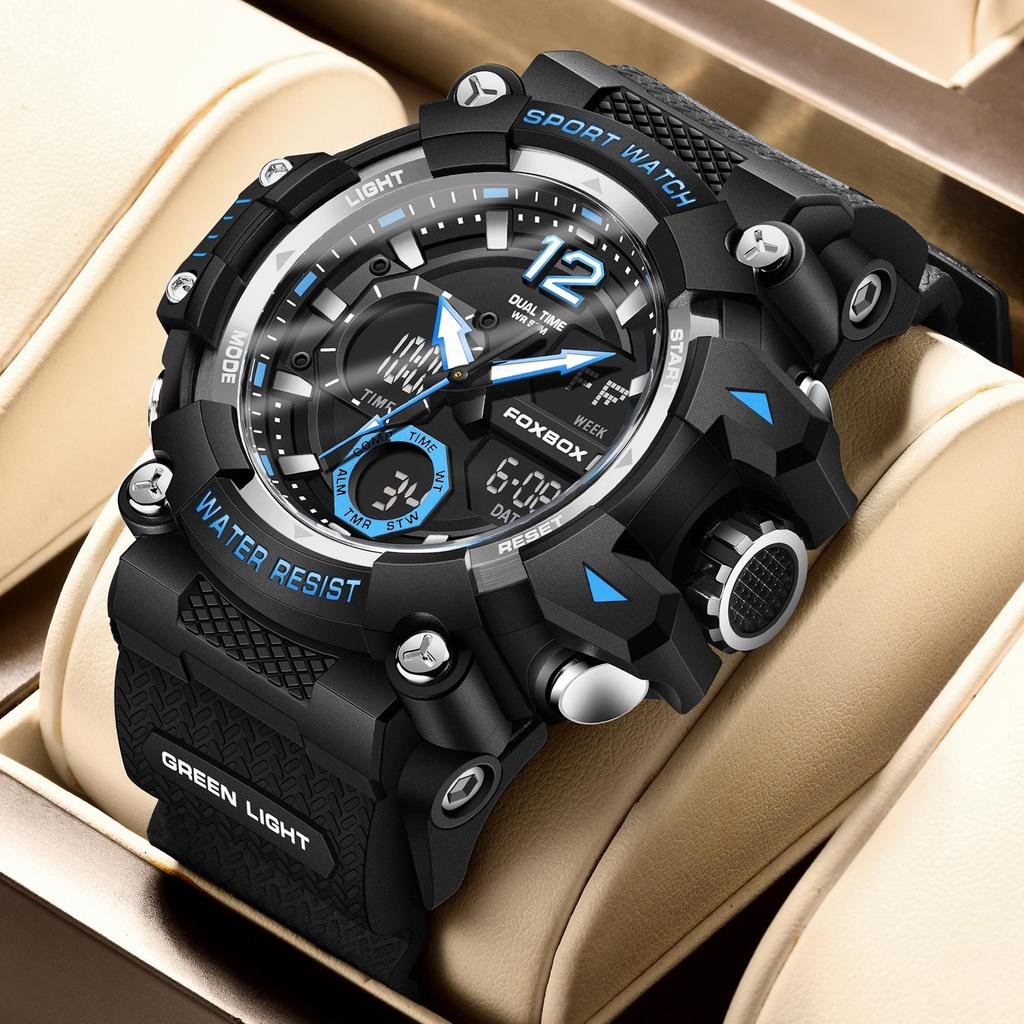 LIGE x FOXBOX Брендовые модные мужские часы с цифровым двойным дисплеем, светящиеся водонепроницаемые спортивные часы с будильником