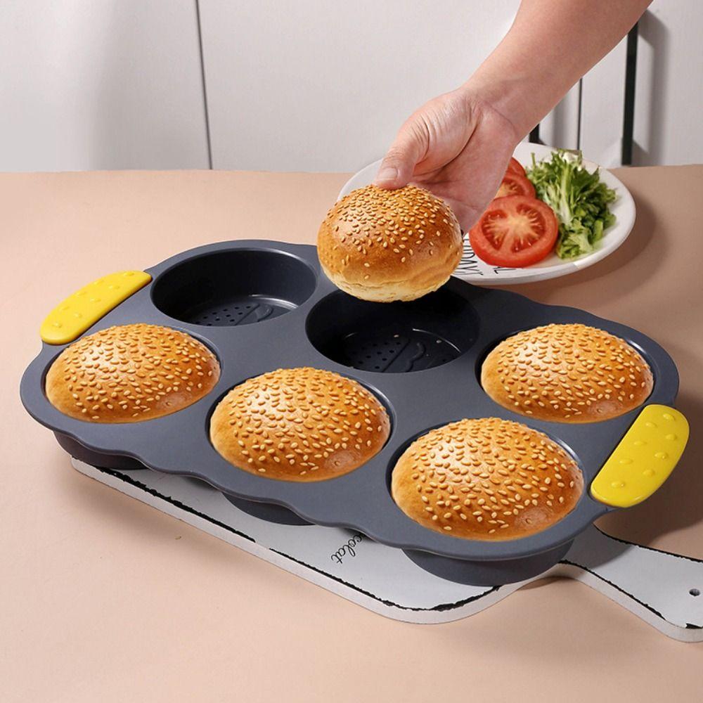Heat Resistant Hamburger Bun Mold 6 Cavity Burger Bun Maker Soft Bread Loaf Pan Kitchen Use