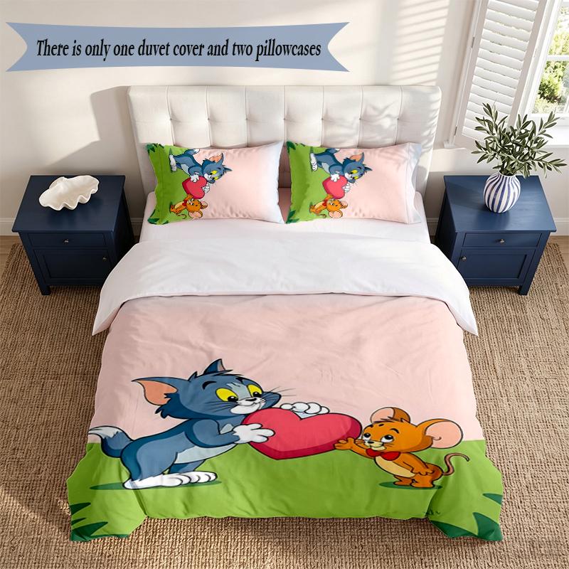 Tom and Jerry 3‑Piece Bedding Set Soft Microfiber Duvet Cover Pillowcases Comfortable Bed Linen for Bedroom Decoration