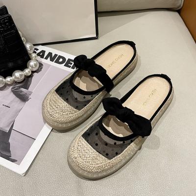 Модные женские марлевые полутапочки с головкой, летние новые круглые босоножки с толстой подошвой и бантом