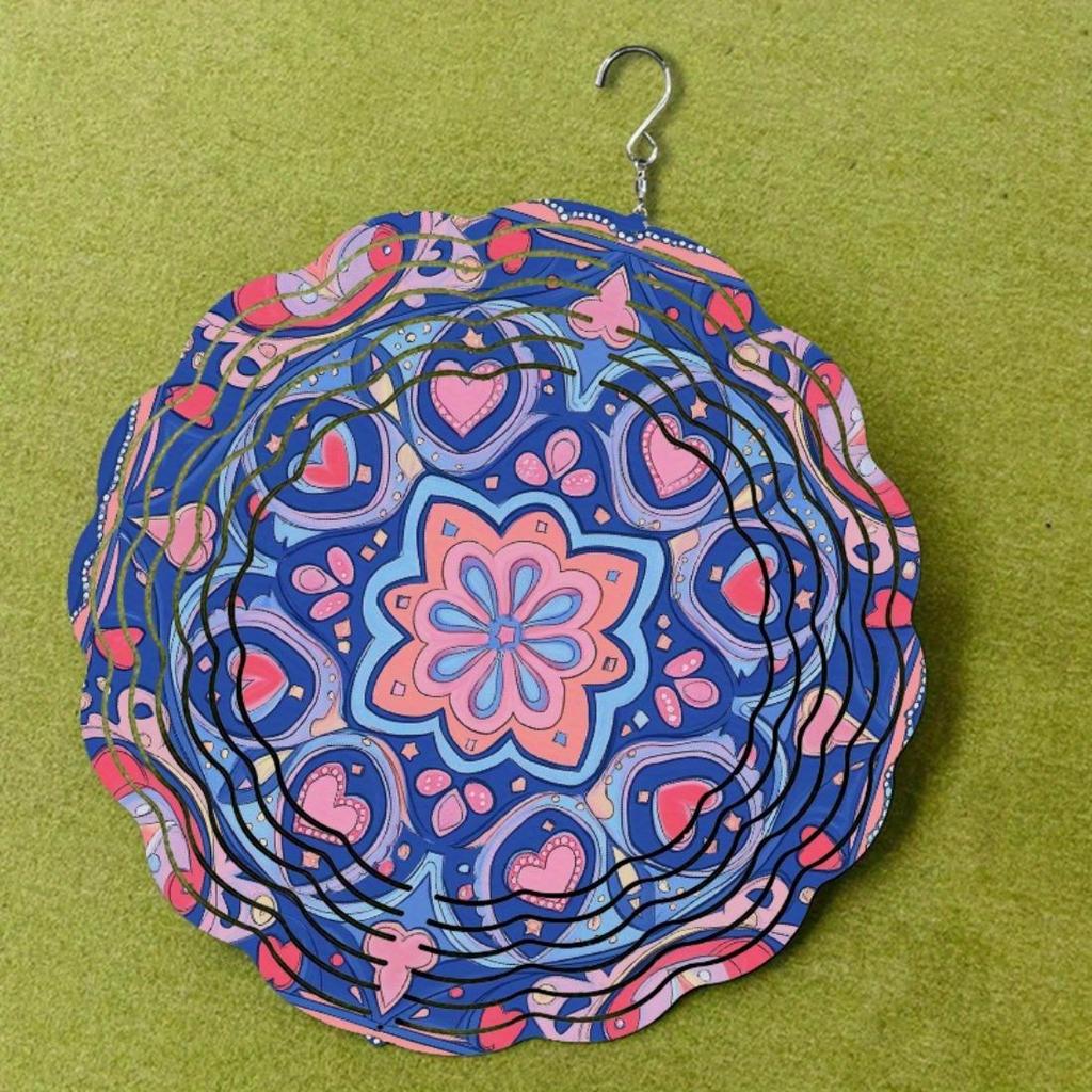 Blue & Pink Heart Mandala Wind Chime - Vibrant Metal Garden Decoration with 360° Hook, Ideal for Spring & Summer, Perfect Gift for Friends and Family