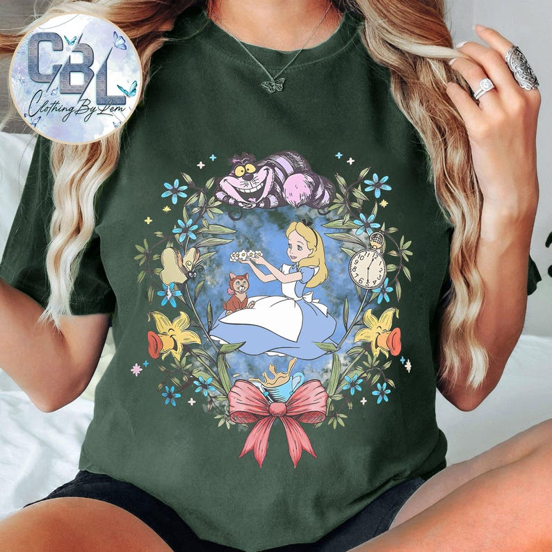 Vintage Alice In Wonderland Shirt Mad Hatter Cheshire Cat Floral Tshirt Disneyland Family Holiday Vacation 2025 Trip