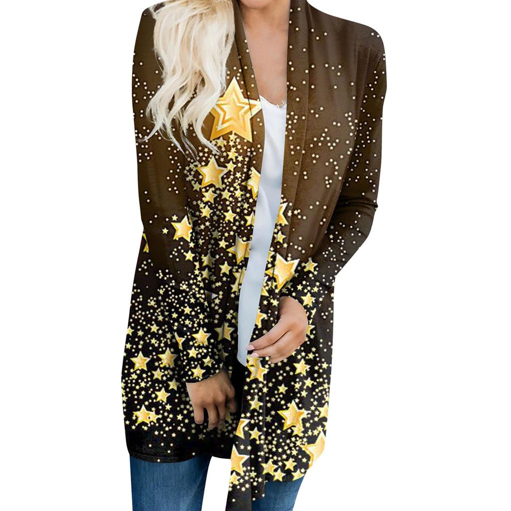 Женский кардиган с рождественским принтом и длинными рукавами спереди, легкая куртка с принтом