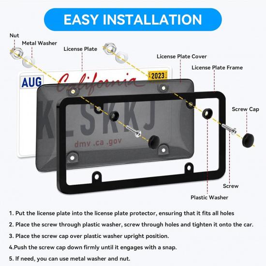 2 Pack License Plate Protector & Frame Combo, Clear Plastic Car Front/Rear Covers With Screws Caps, Universal Fit Car Accessories + Bonus Valve Stem