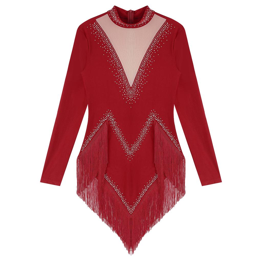 Women's Latin Dance Dress S-XXL - Shiny Rhinestones Mock Neck Long Sleeve with Tassels & Irregular Hem Stage Costume