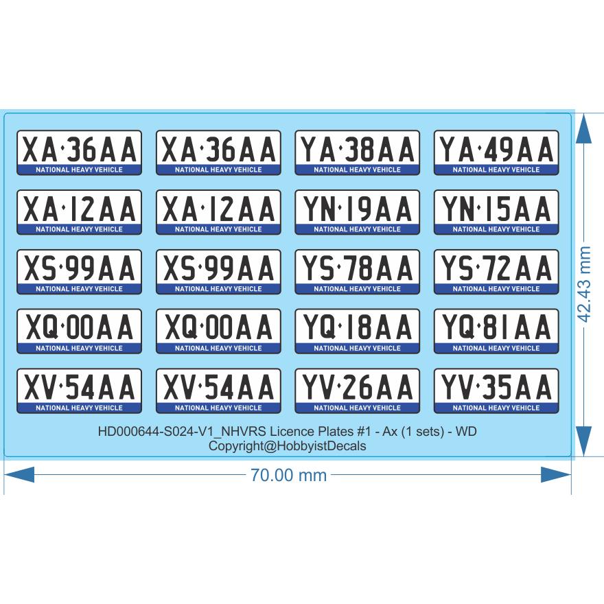 NHVRS Licence Plates - Multi Scale & Variation -Water & White Vinyl - Waterslide, 1/14