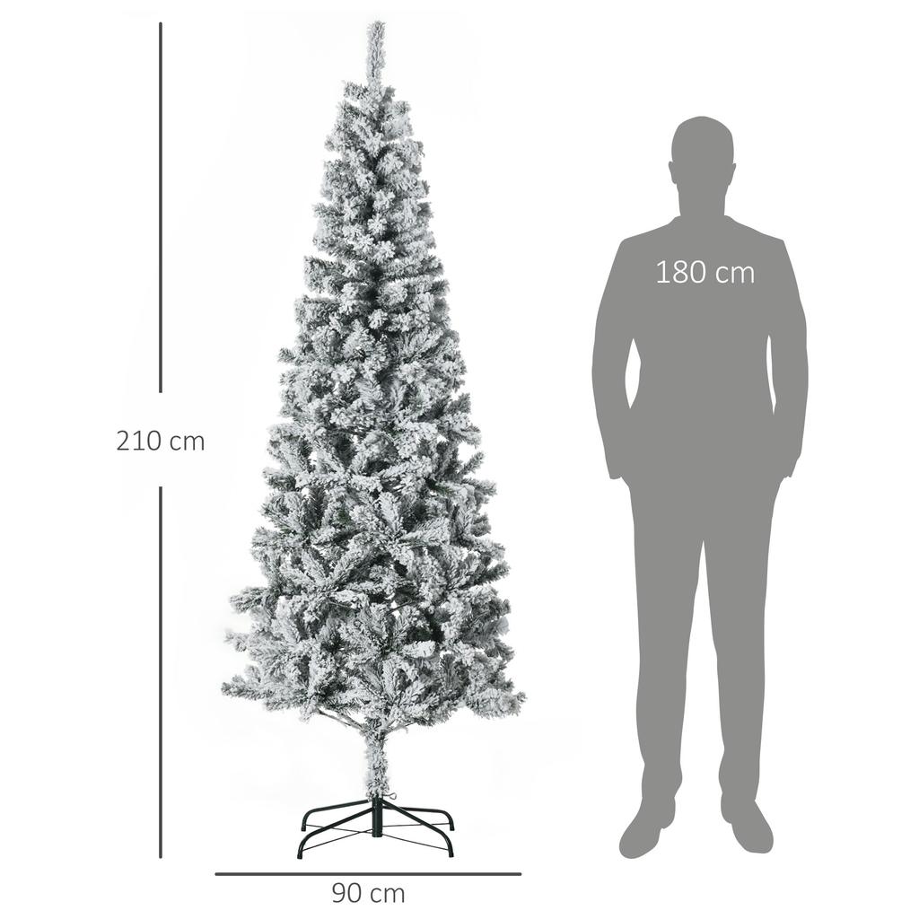 210cm Slim Artificial Christmas Tree with Realistic Branches, Tall and Narrow Snow-Covered Christmas Tree with Folding Base, Green
