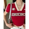 American Retro Red V-neck Crop T-shirt Women 2024 Summer Striped Letter Print Streetwear Egirl Y2k Tees Cropped Top