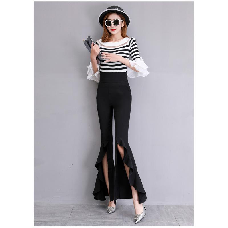 Harajuku Summer High Waist Women's Chiffon Split Up Capris Pants for Women Skinny Ruffles Flare Pants Woman Trousers Red Black